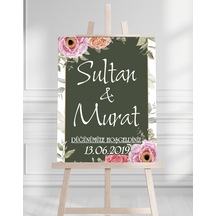 Söz Nişan Düğün İçin 50x70 Karşılama Panosu - Renkli Çiçek Ve Yeşil Tasarımlı Beyaz