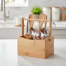 Bambu Taşıma Kulplu Çok Amaçlı Düzenleyici - 6 Bölmeli Çatal Bıçaklık Ofis, Banyo Ve Masaüstü Caddy Organizer 21.6x14x12.7 Cm Çok Renkli