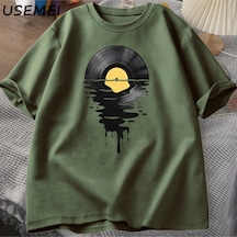 Flood Of Style Vinil Kayıt T Shirt Vinil Serin Sunset Vintage Müzik Lover Tee Tshirt Dj Müzik Öğretmen Tshir Yeşil