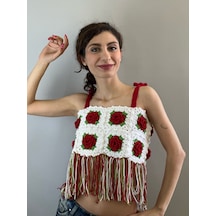 Gönülden Tasarım El Örgüsü Güllü Kabartma Püsküllü Kadın Büstiyer Crop Renkli