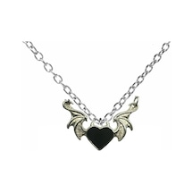 Gothic Siyah Kalp Heart Decor Çift Kanat Figürlü Unisex Kolye 60 Cm Zincirli, Gotik Ve Asi Stil Çok renkli