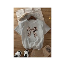 Medinenur Leopar Desenli Kurdele Detaylı Basic T-shirt Gri