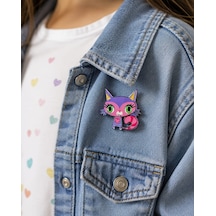 Mor Pembe Sevimli Kedi Figürlü Metal Rozet Çanta Kıyafet Aksesuarı Hediye Gri