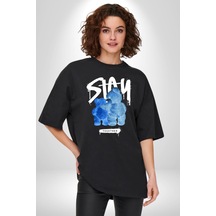 Birlikte Kal Pamuklu Bisiklet Yaka Unisex Oversize Boyfriend Dijital Baskılı Siyah T-shirt Siyah