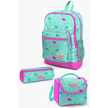 Coral High Kids Su Yeşili Neon Pembe Flamingo Desenli 3 Lü Okul Çanta Seti Set0123111