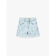 Koton Çiçekli Nakış Detaylı Cepli Püsküllü Denim Şort Lıght Indıgo 6skg40119ad Açık Mavi