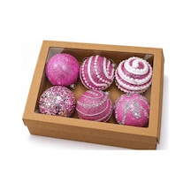 Lüks Kutulu 6'lı Yılbaşı Ağacı Topu 8 Cm - Pembe Desenli Design Top Seti Diğer