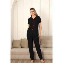 Monox Kadın Kırmızı Fiyonklu Beyaz Puantiyeli Kısa Kol Pijama Takımı Siyah