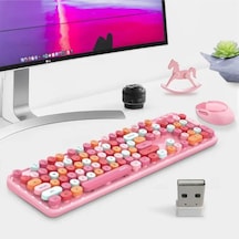 Renkli Daktilo Tarzı Vintage Mekanik Klavye Mouse Pc Laptop Uyumlu Kablosuz