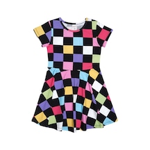 Lovetti Kız Çocuk Op Art Checkers Desen Kısa Kol Kloşe Etek Elbise 5910-147 Çok Renkli