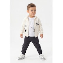 Toontoy Kids Toontoy Erkek Çocuk 3'lü Eşofman Takımı Uzun Kollu Bisiklet Yaka Nakışlı T-shirt - Kapüşonlu Fermuarlı Hırka- Beli Paçası Lastikli Eşofman Altı 25052 Füme