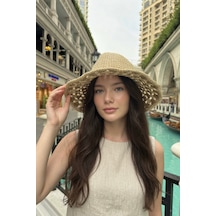 Mollycrush Kadın Yazlık Bej Renk Hasır Plaj Şapkası Bohem Tatil Aksesuarı Bej