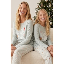 Siyah İnci Yılbaşı Temalı Pamuklu Likralı Örme Pijama Takım26241178 Yeşil
