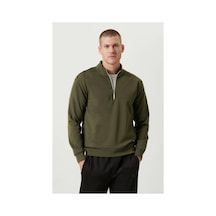 Erkek 3 İplik Pamuklu Uzun Kol Yarım Farmuarlı Yakalı Sweatshirt - - Haki