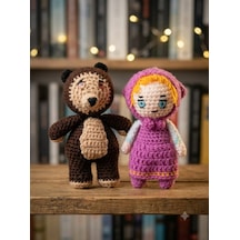 Afacan Kız ve Tonton Ayıcık Amigurumi Örgü Oyuncak - Çizgi Film Karakteri Hediyelik Figür 11 Cm