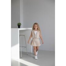 Bubiee Baby Kız Çocuk Askılı Bluzlu Krem Crop Yelekli Ve Pileli Etekli Alt Üst Takım 3'lü -şık Bayramlık Set