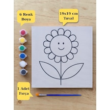 Sevimli Çiçek Baskılı Tuval Boyama Aktivite Seti 19x19 Cm Tuval, Fırça Ve 6 Renk Akrilik Boya Seti