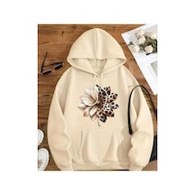 Herkesemoda Leopar Desenli Çiçek Baskı Detaylı İçi Polarlı Kapüşonlu Sweatshirt Bej