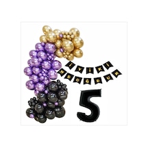 5 Yaş Siyah, Gold, Mor Balon+banner Seti
