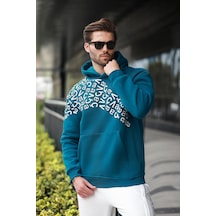 Madmext Petrol Yeşili Baskılı Kapüşonlu Erkek Sweatshirt E7160 Petrol Mavi