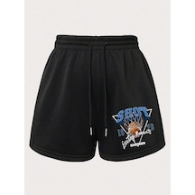 Basketball & Letter Graphic Drawstring Waist Şort Siyah