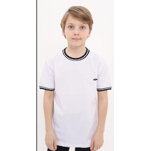 Erkek Çocuk Pamuklu Yakası Kolları Şerit Detaylı Mevsimlik Tshirt-12992-beyaz