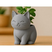 3d Baskı Sevimli Kedi Saksı - Figürlü Sukulent Saksısı-gri Çok Renkli