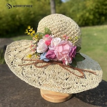 Kadın Çiçek Süslemeli Plaj Şapkası - Bej - Wr0403301