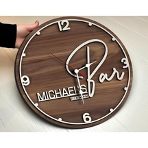 Bk Gift Barlara Özel Dekoratif Ceviz Ahşap Duvar Saati 35cm-1 , Bar Duvar Saati , Cafe Duvar Saati , Özel Ahşap Saat