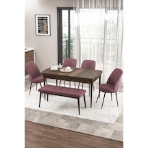Canisa Concept Zen Serisi 80x132 Mdf Açılabilir Barok Ahşap Desen Masa Takımı 4 Gül Kurusu Sandalye Ve 1 Bench Masa Siyah Sandalyeler Gülkurusu