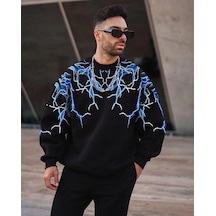 Barlashive Erkek Yıldırım Baslılı Bisiklet Yaka 3 İplik Pamuklu Sweatshirt - Siyah Çok Renkli
