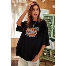 Blackjack Giyim Blackjackgiyim Siyah Oversize Aloha Baskılı Tshirt Siyah