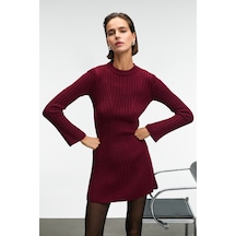 Grimelange ENCANTO Kadın Yuvarlak Yaka Çizgi Desenli Slim Fit Bordo Elbise