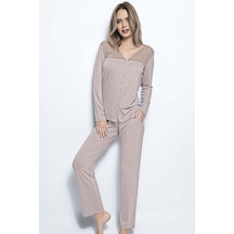 Monamise 18434 Kadın Uzun Kollu Pijama Takım-vizon Vizon