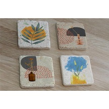 Soyut Çiçek Yaprak Ve Objeler Doğal Taş Bardak Altlığı 4'lü Set - Natural Stone Coasters - Taş Çok Renkli