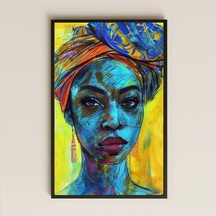 Afro Mavi Tonlarda Modern Sanatsal Kadın Portre Pvc Tablo
