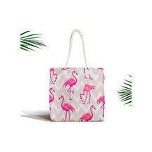 Gri Zeminde Flamingo Desenli Dijital Baskılı Fermuarlı Kumaş Çanta Canta-943
