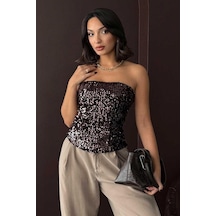 Ckm Moda Rubina Payetli Straplez Bluz Kahve