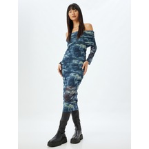 Koton Tül Elbise Madonna Yaka Midi Boy Drapeli Slim Fit Soyut Desenli Uzun Kollu Lacivert Desenli 5wal80063ık Lacivert