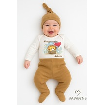 Babyden's Yengesinin Aslanı 3 Lü Bebek Takımı Pamuklu Fitilli Kumaş Uzun Kollu Zıbın, Patikli Pantolon, Şapka Açık Kahverengi