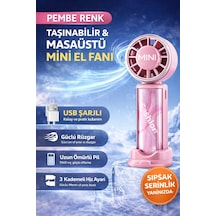 Usb Şarjlı Mini El Fanı Taşınabilir Masaüstü Vantilatör 3 Kademeli Güçlü Rüzgar Pembe