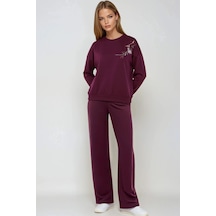Hiccup Nakışlı Bisiklet Yaka Sweatshirt Ve Düz Paça Pantolon İkili Takım Bersan Collection Bordo Kırmızı