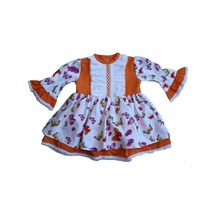 Dantel Ve Fırfır Detaylı Kelebek Desenli Turuncu Kız Çocuk Bebek Elbise 001