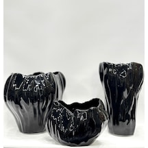 3'lü Mat Dalgalı Vazo Set Gaga-118 Parlak Siyah