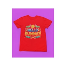 Magors Stıl-x Hello Summer Baskılı Bisiklet Yaka %100 Pamuklu Kız Çocuk Tshırt Beyaz, Sarı, Siyah, Kırmızı Kırmızı