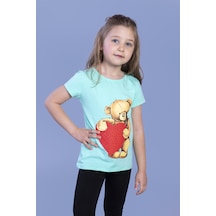 Toontoy Kids Toontoy Kız Çocuk Kalpli Ayıcık Baskılı Taş İşlemeli Tişört Mint Yeşili