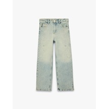 Koton Cepli Kalpli Çiçek İşlemeli Taşlı Geniş Paça Denim Pantolon - Wide Leg Jeans Lıght Indıgo 7wkg40053ad Açık Mavi