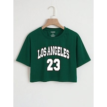 Los Angeles 23 Crop - Nefti Yeşil Baskılı Oversize Bisiklet Yaka Nefti Yeşil