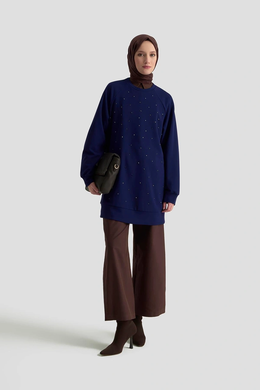Armine Trend Önü Taş İşlemeli Tunik Saks 25kt449 Saks