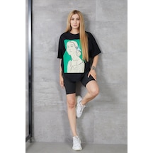 Cojans Kadın Silüet Baskılı Bisiklet Yaka Oversize T-shirt Çok Renkli